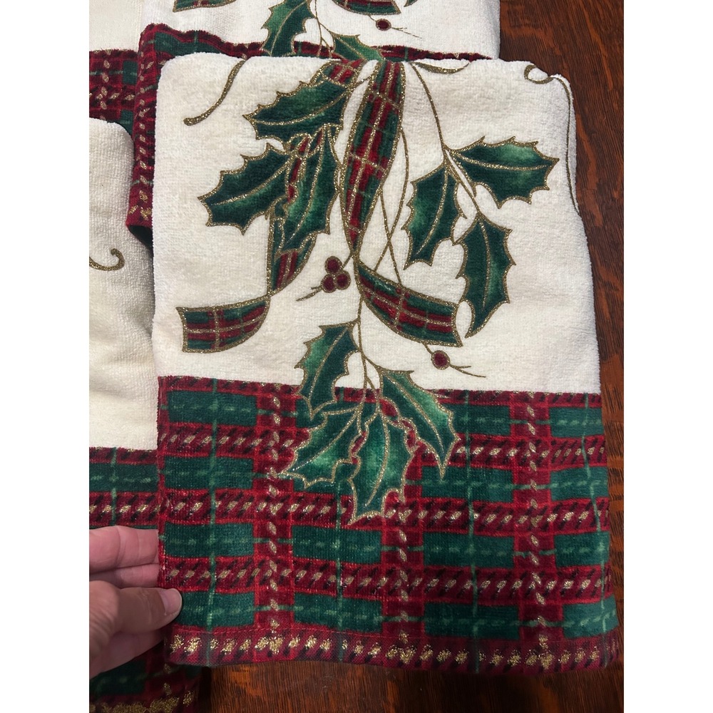 Lenox Holiday Nouveau Christmas Bath Towel Set 4 Holly Plaid Gold Glitter Ivory - Picture 3 of 9
